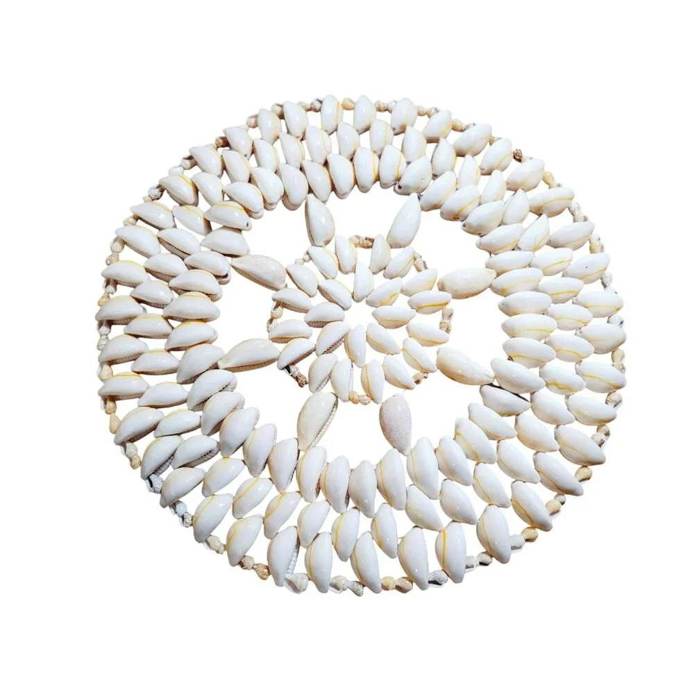 Vintage Polished Cowrie Shell Trivet Round Hand Made Wall or Table Decor 9" - Picture 1 of 4